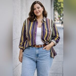 Vtg Lauren Ralph Lauren Striped Cotton Button Shirt Womens 90s Multicolor Sz XL